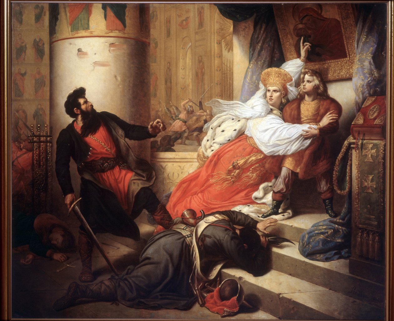 De moeder (Nathalie Narychkine) redt Peter I van Rusland (Peter de Grote) als kind tijdens de Streltsy-opstand van 1682, schilderij van Ivan Makarov (1822-1897), olie op doek door Charles Auguste Steuben