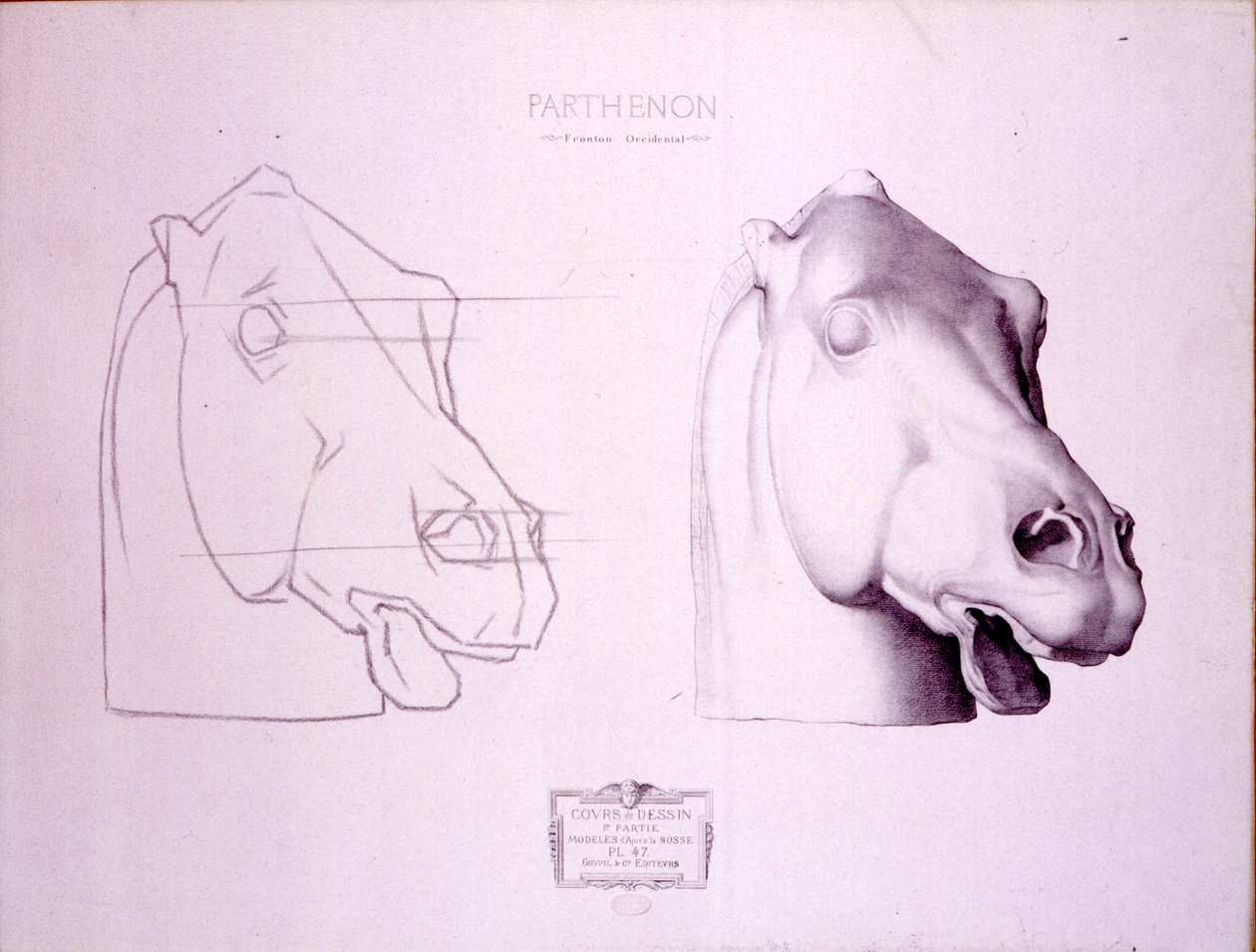 Paardenhoofd van het westelijke fronton van het Parthenon, plaat 47 uit Cours de Dessin, ca. 1898 door Charles Bargue