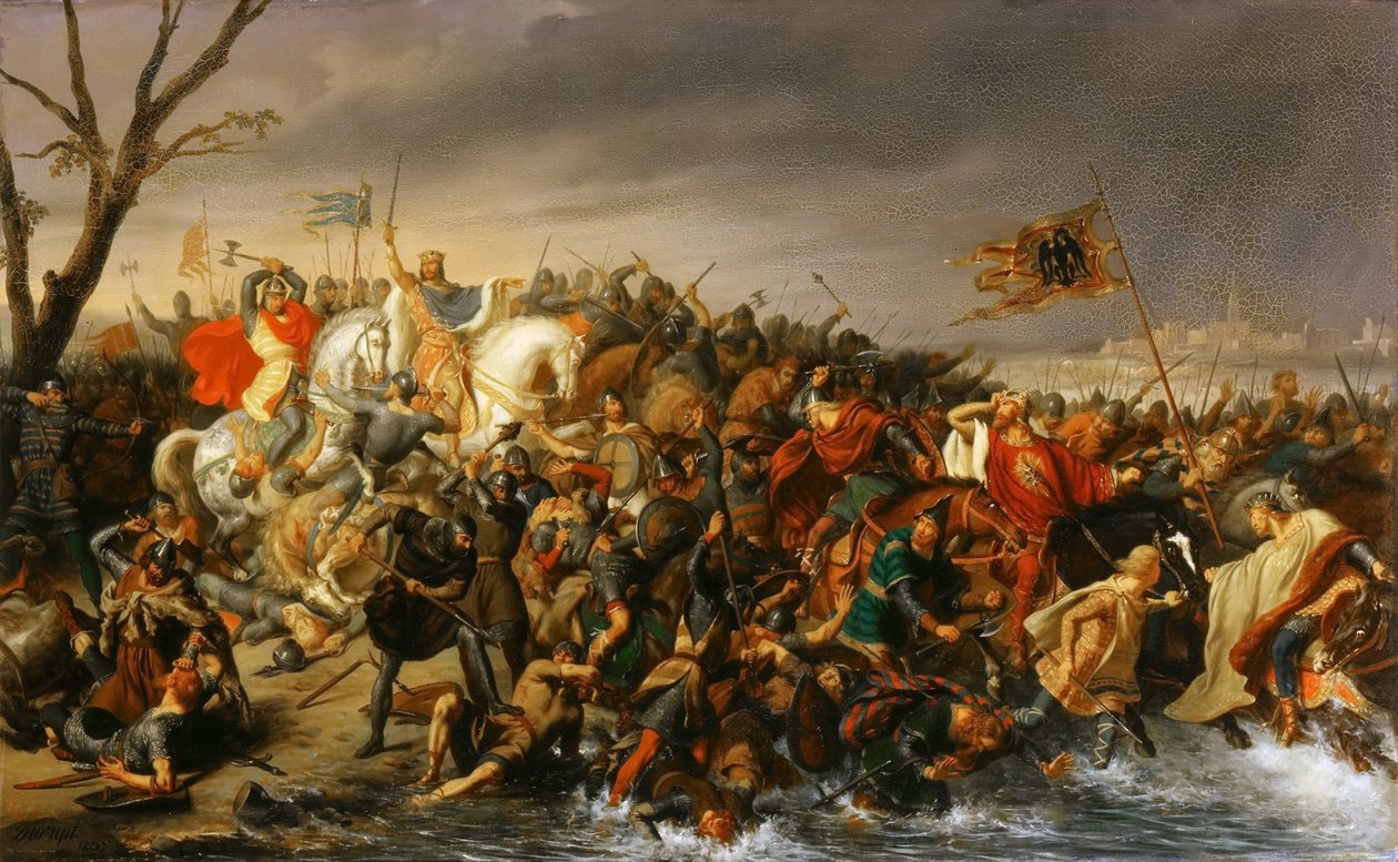 Lotharius van Frankrijk verslaat keizer Otto II aan de oevers van de Aisne, oktober 978 door Charles Barthelemy Jean Durupt