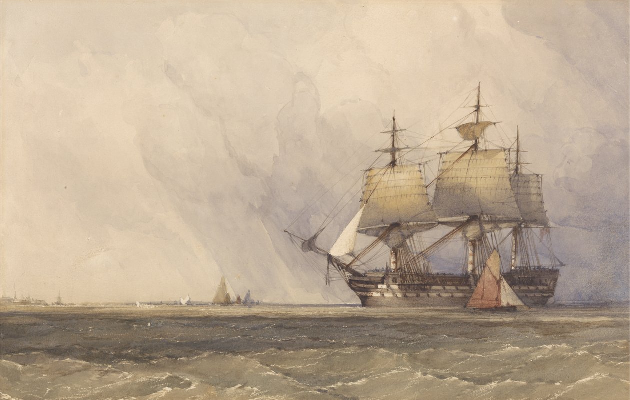 Kustscène met schepen door Charles Bentley