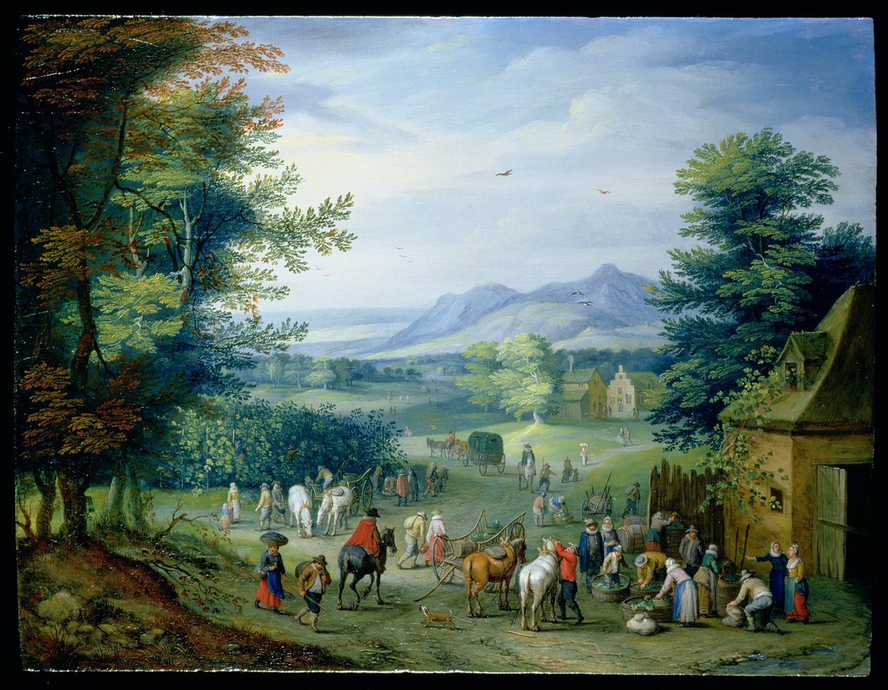 De druivenoogst, figuren in een landschap door Charles Beschey