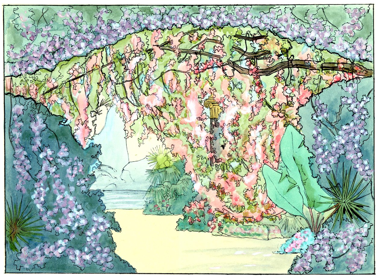 Massenet - Esclarmonde - Decors van Charles Bianchini - Akte 2, scène 1, Roos die het gordijn laat zakken - tekening door G. Stein, 1889 (b) door Charles Bianchini