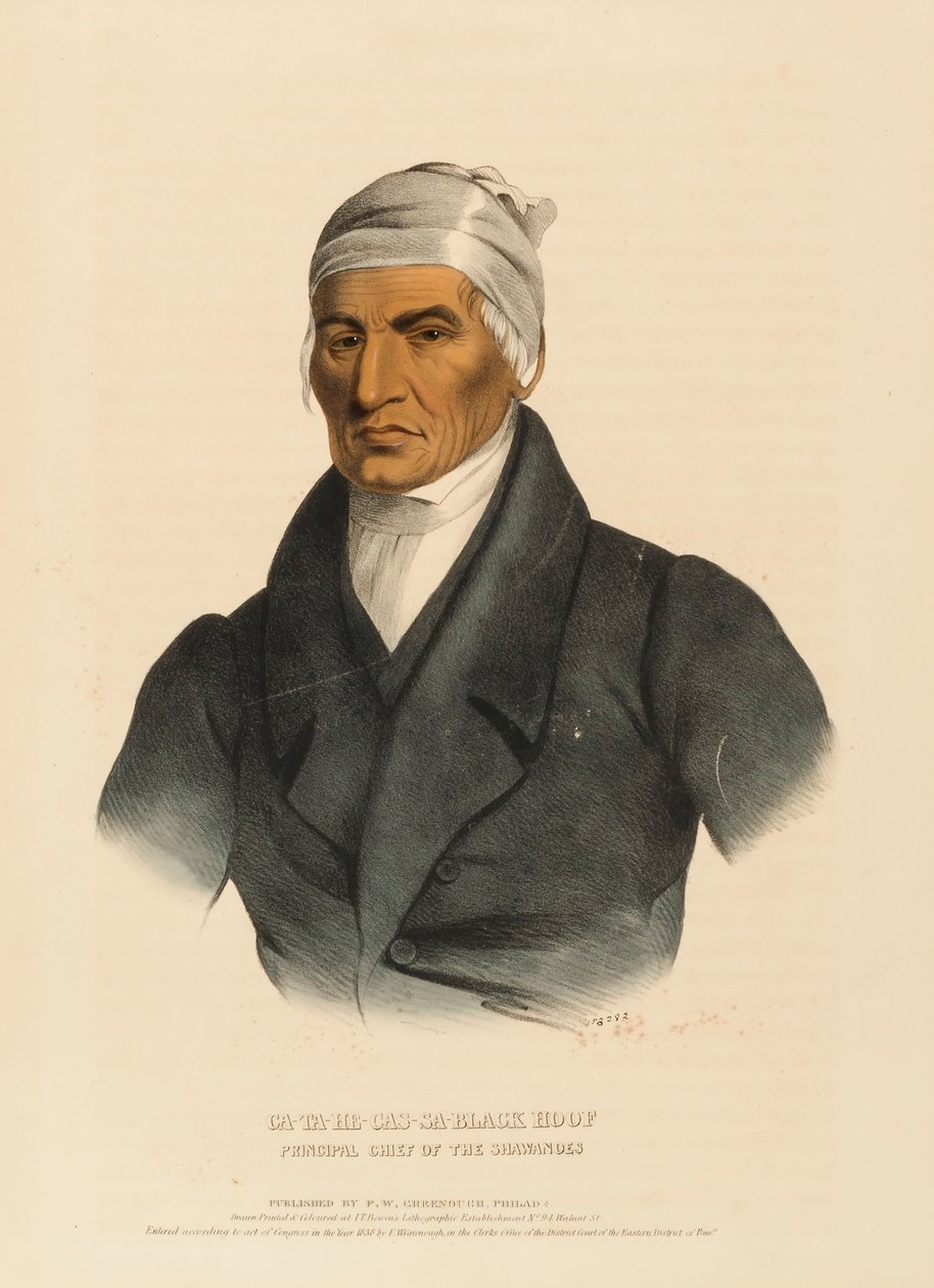 CA-TA-HE-CAS-SA-ZWARTE HOEF. VOORNAAMSTE KAPITEIN VAN DE SHAWANOES, uitHistorie van de Indianenstammen van Noord-Amerika door Charles Bird King
