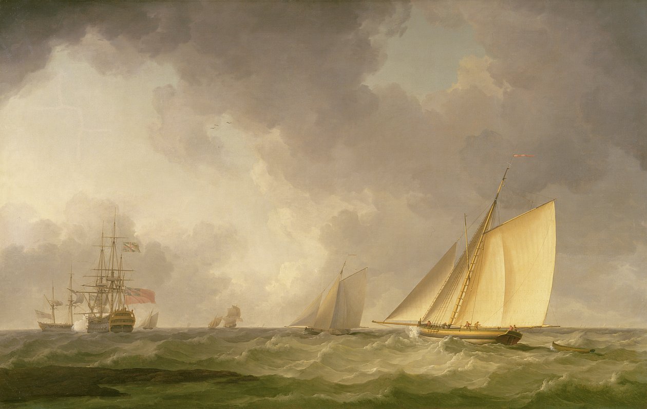 Cutter scherp aan de wind in een frisse bries, met andere schepen, ca. 1750 door Charles Brooking
