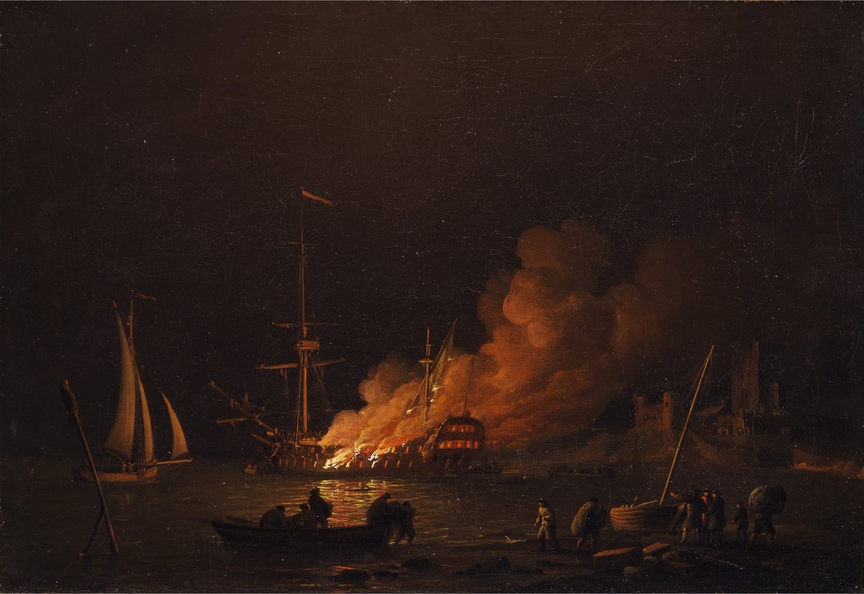 Schip in brand bij nacht door Charles Brooking