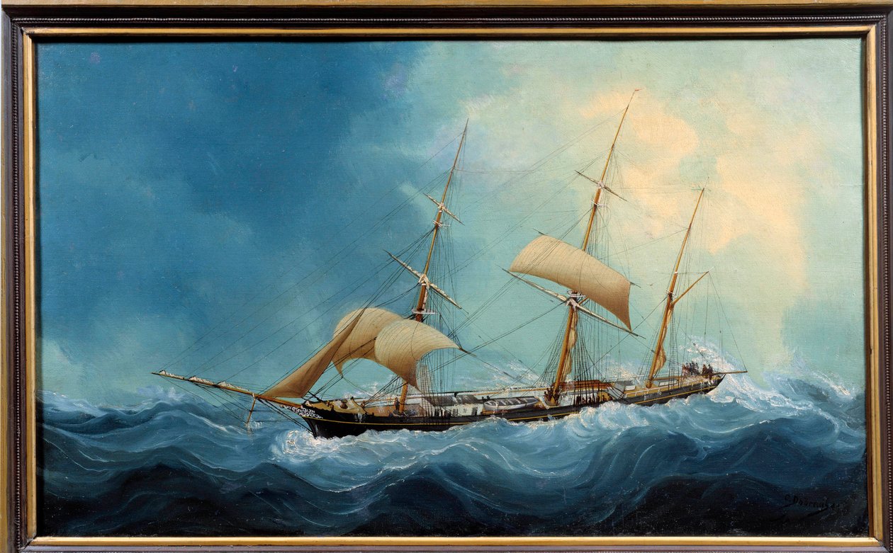 Een driemaster zeilschip in vlucht Schilderij door Charles Cheri Dubreuil (Cheri-Dubreuil) (1828-1880) 1865 - Fecamp. Musee Des Terre Neuvas - Een driemaster schip op de vlucht. Schilderij door Charles Dubreuil (19e eeuw) door Charles Cheri Dubreuil