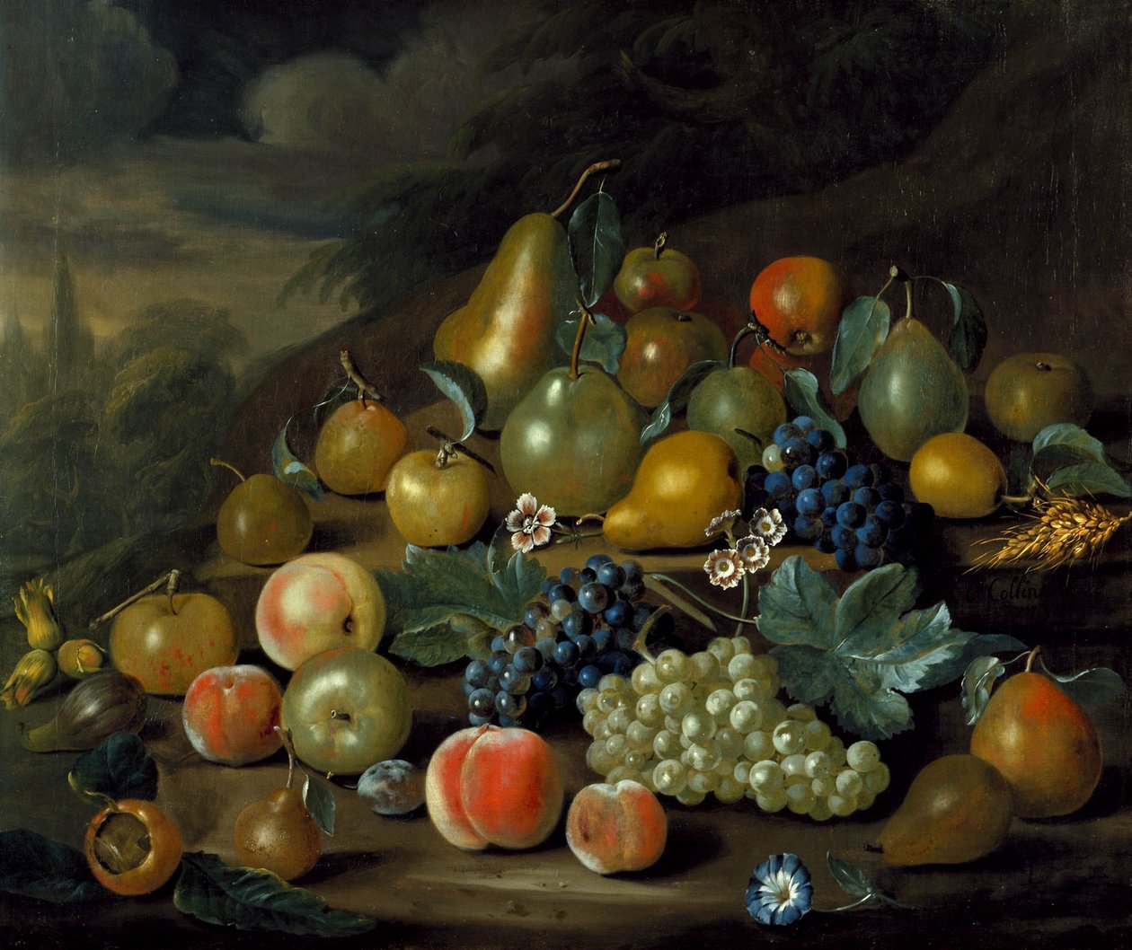 Een stilleven van peren, perziken en druiven door Charles Collins