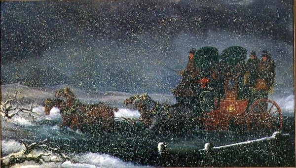 Een Postkoets die een Stroom Oversteekt in een Sneeuwstorm door Charles Cooper Henderson