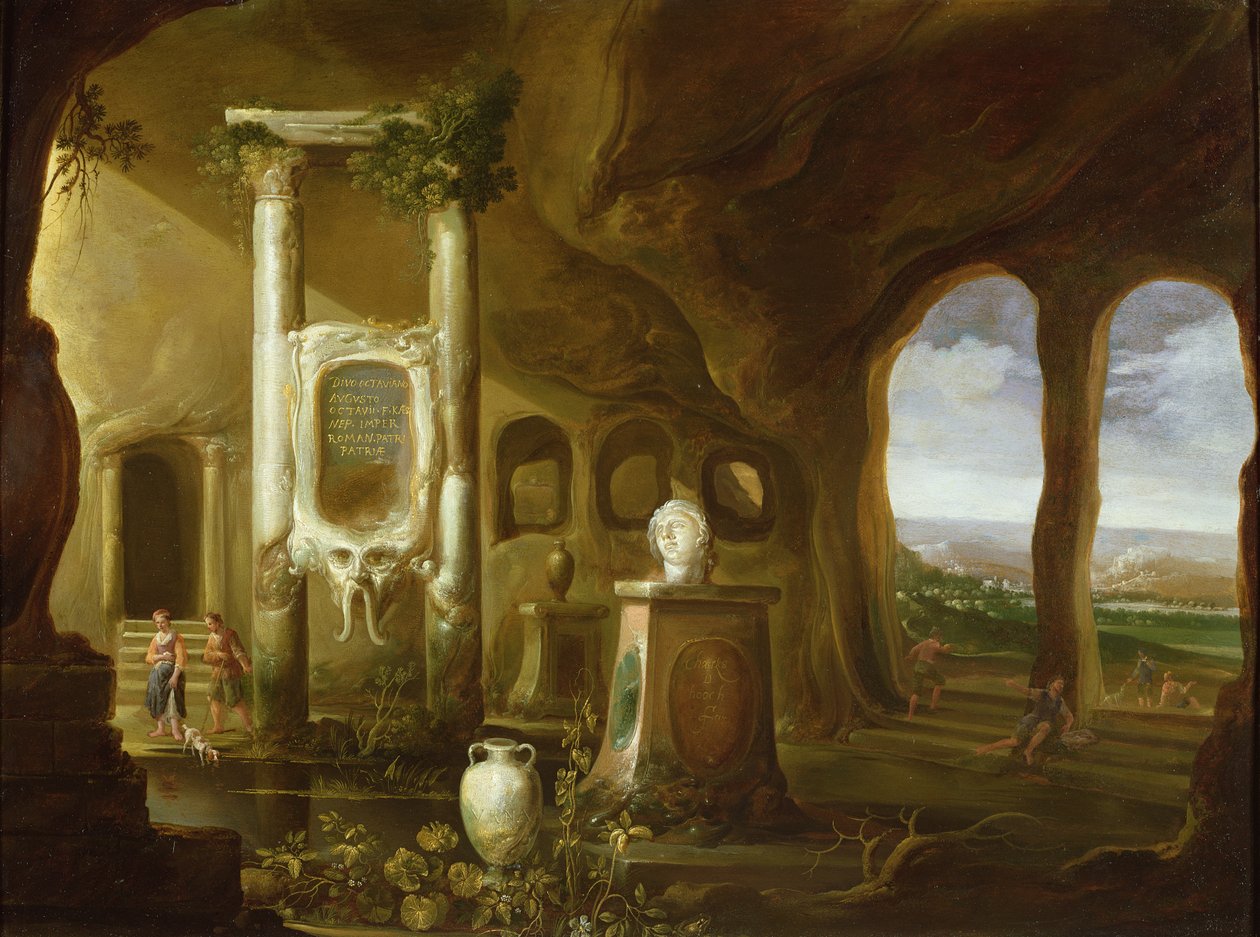 Een monument voor Augustus, in een grot met figuren door Charles Cornelisz de Hooch