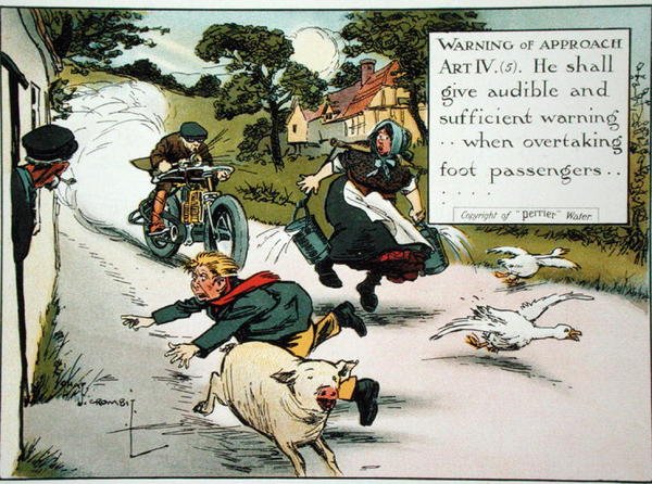 Waarschuwing van nadering. Art. IV.(5) Hij moet hoorbare en voldoende waarschuwing geven...bij het inhalen van voetgangers, uit een boek met verkeersregels, gepubliceerd c.1905 door Charles Crombie