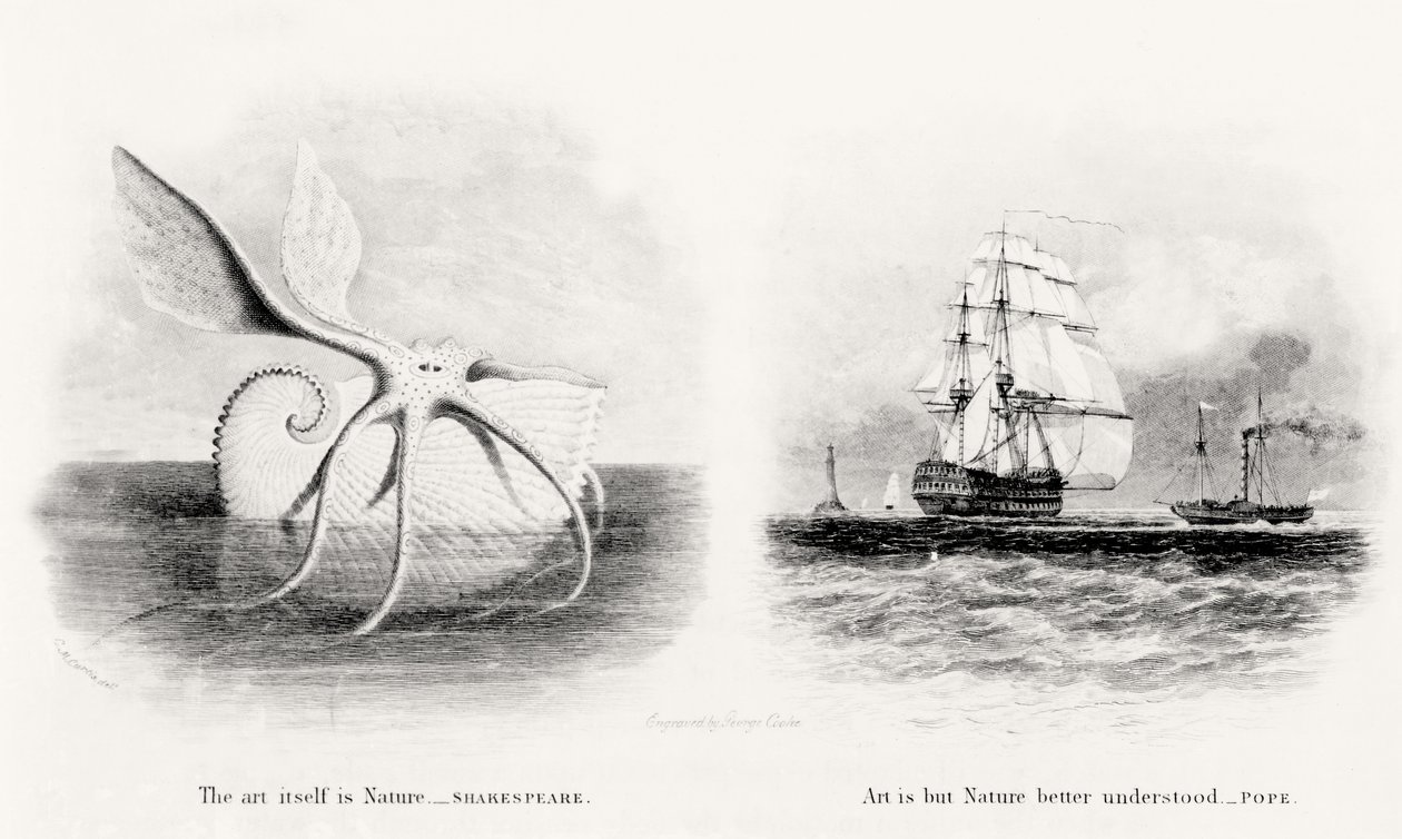 Een reuzeninktvis en twee schepen op zee, gegraveerd door George Cooke (1781-1834) door Charles Curtis