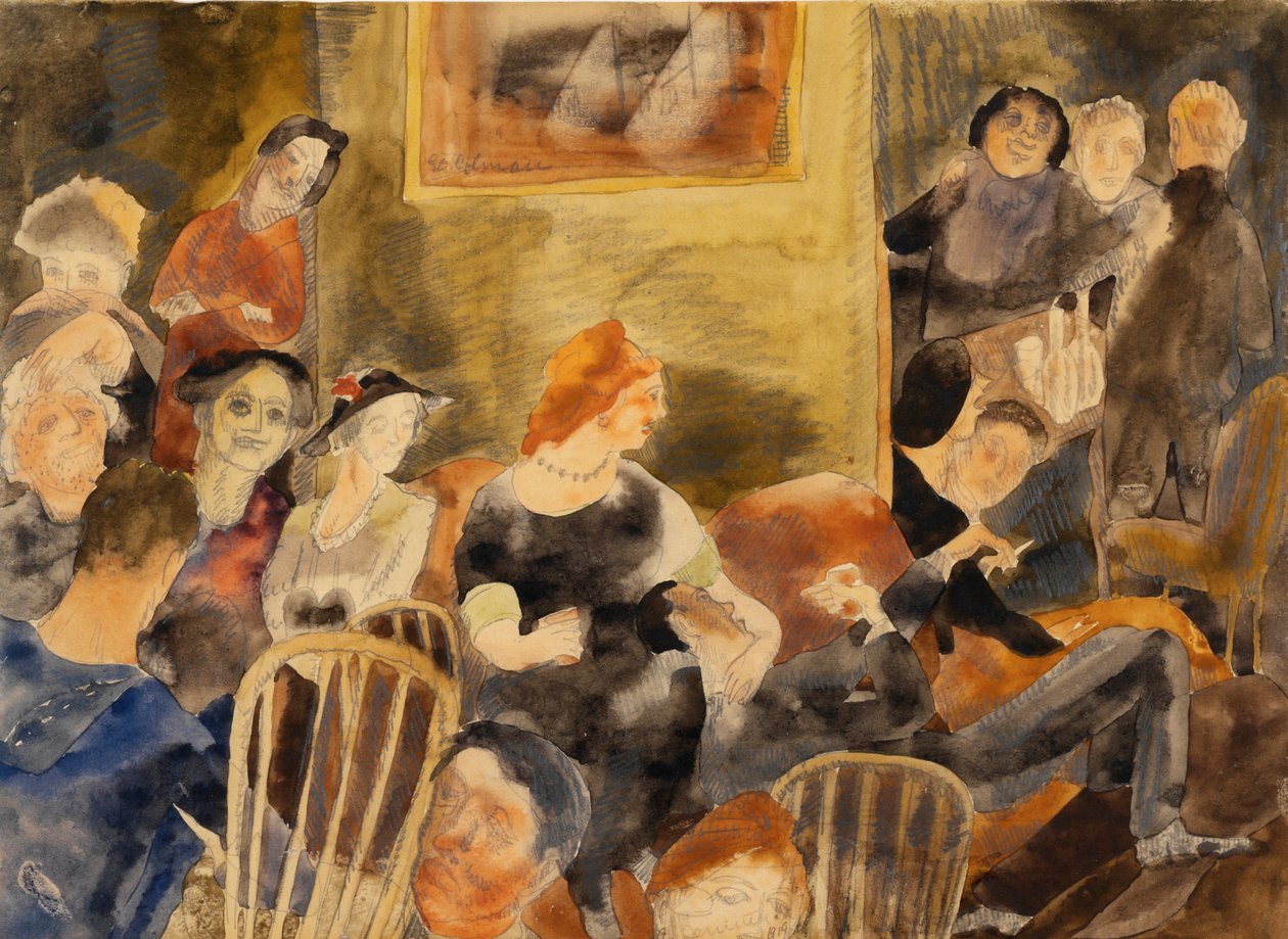 Interieur met een groep mensen rond een roodharige vrouw door Charles Demuth