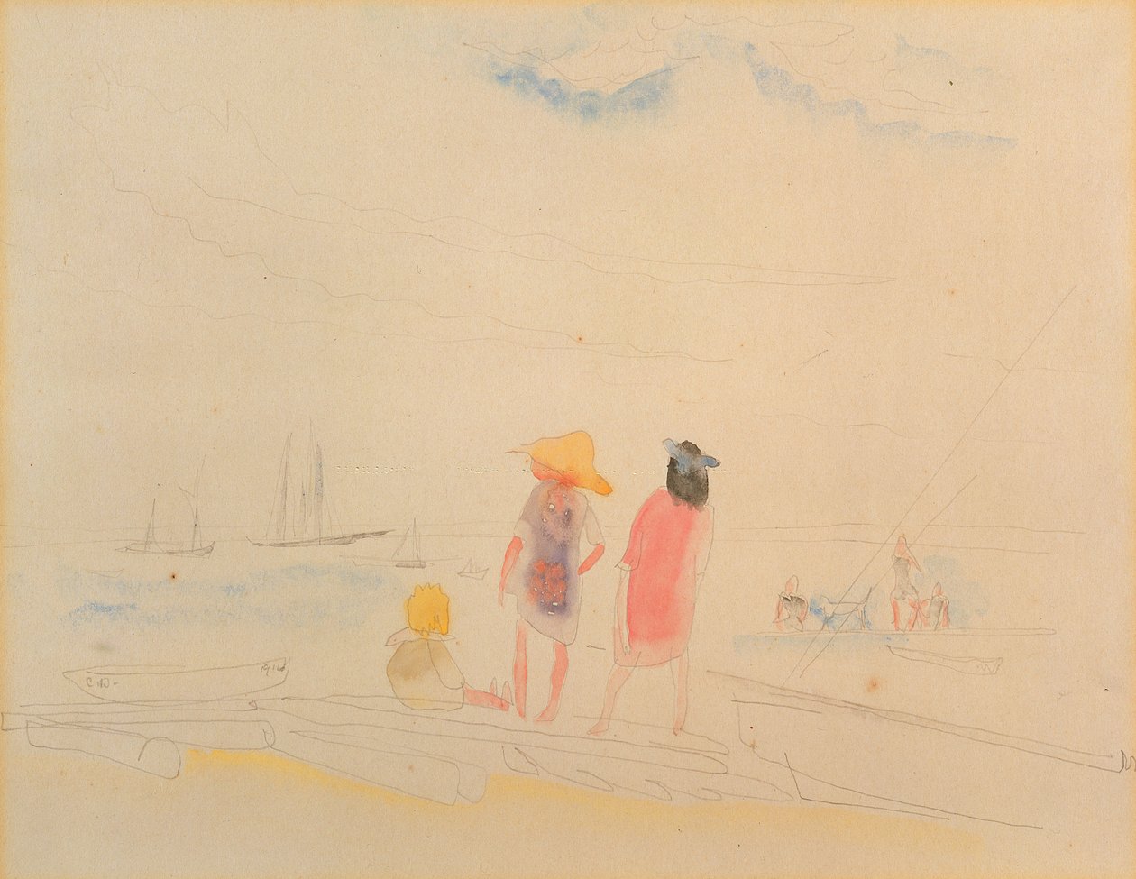 Twee vrouwen en kind op strand door Charles Demuth