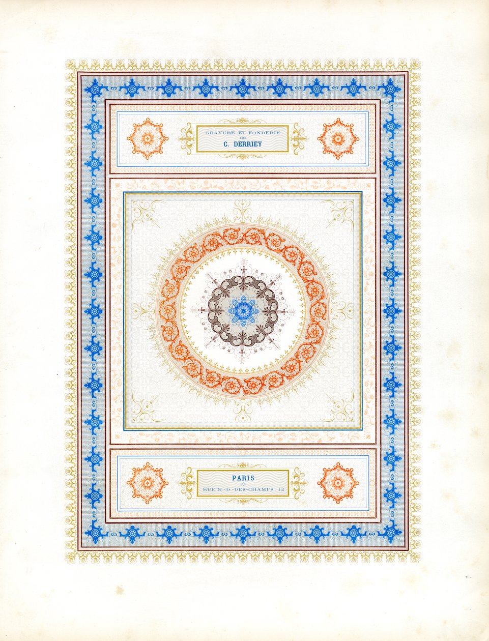 Concentrische ornamentale compositie met typografische elementen (print) door Charles Derriey