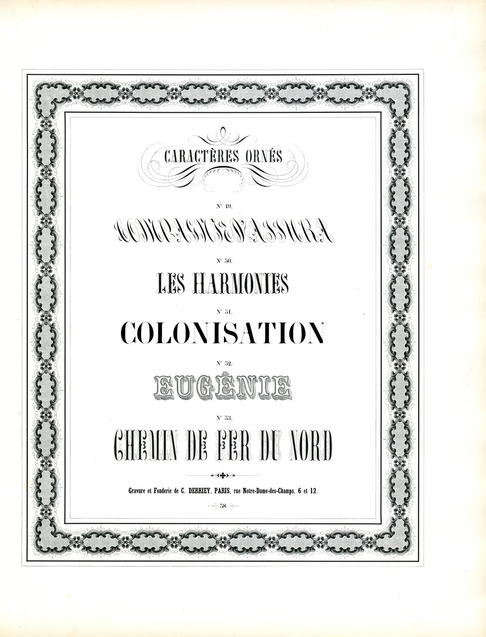 Decoratieve lettertypes met kettingachtige ornamentele omlijsting (print) door Charles Derriey
