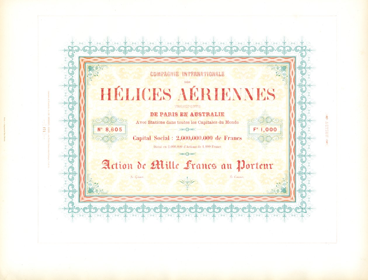 Ontwerpsjabloon voor Airship Company aandelencertificaat (afdrukken) door Charles Derriey