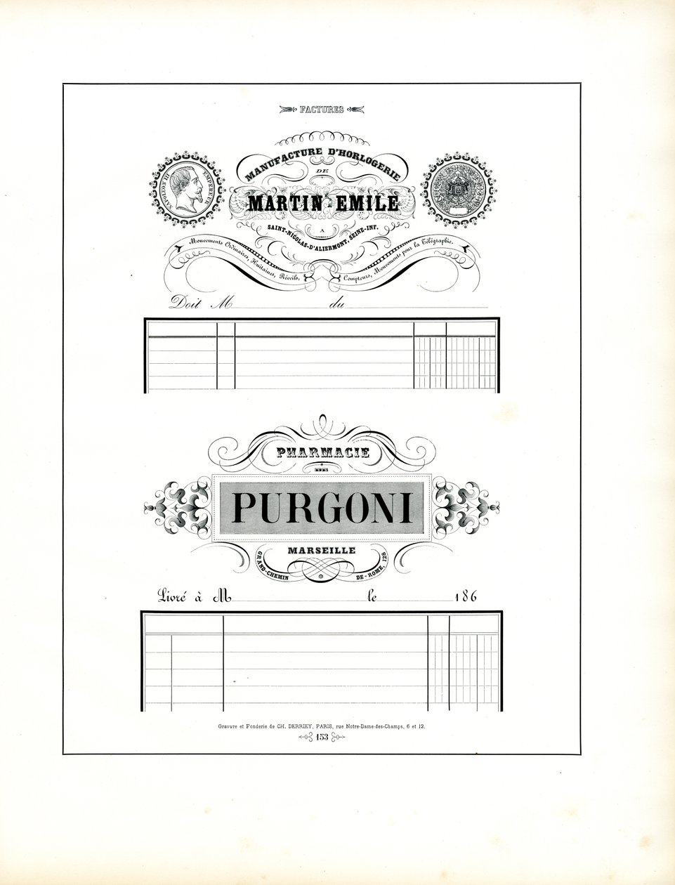 Elegant briefhoofd voor klokkenmaker en apotheek (print) door Charles Derriey