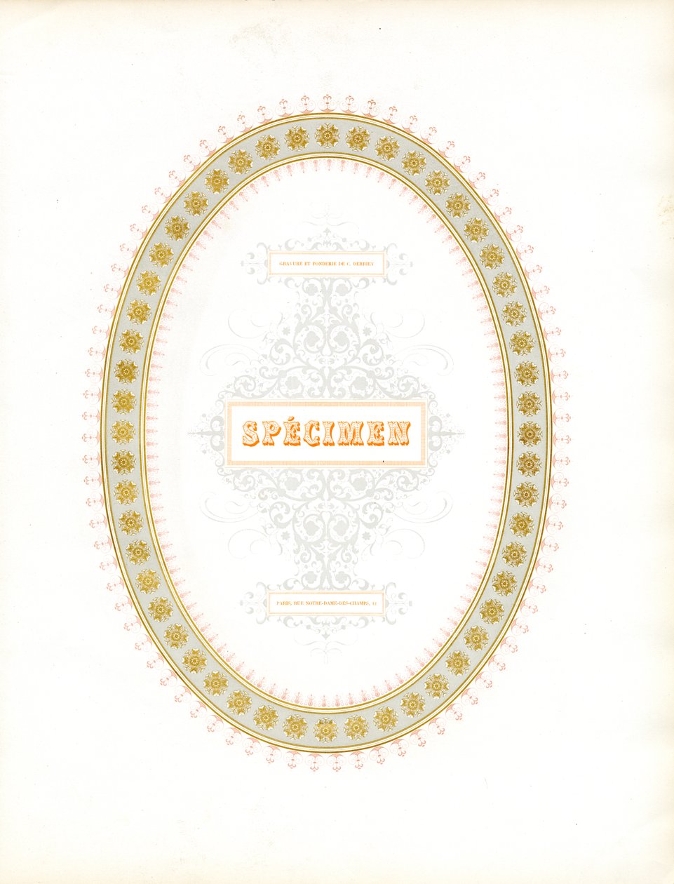 Ovaal ornamenteel frame met typografische letters (print) door Charles Derriey