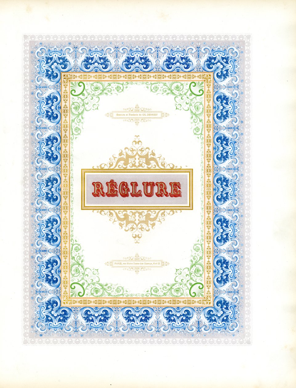 Polychroom ornamenteel frame met titelschild (print) door Charles Derriey