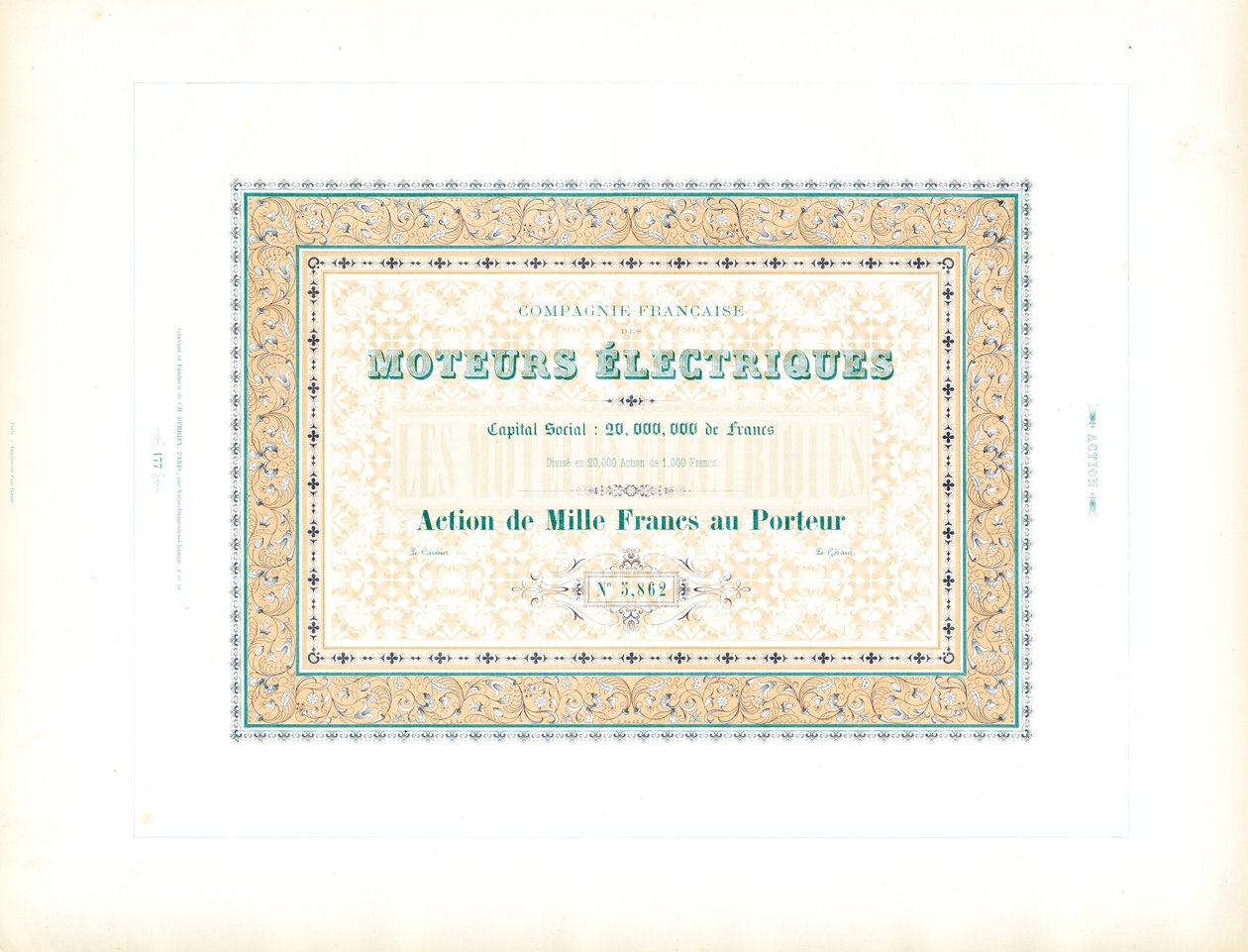 Aandelencertificaat "Electric Motors" (afdrukken) door Charles Derriey