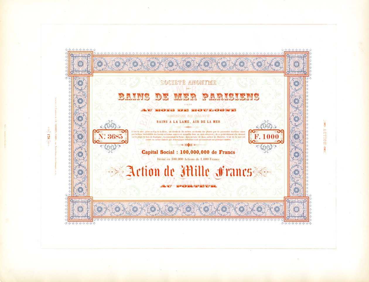 Voorraadcertificaat "Parijse zeebaden" (print) door Charles Derriey