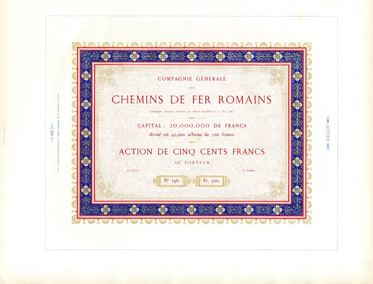 Voorraadcertificaat "Roman Railways" (afdrukken) door Charles Derriey