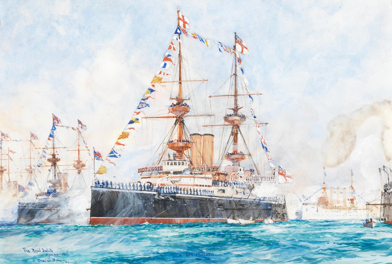 HMS Majestic tijdens de vlootschouw van het diamanten jubileum in 1897 in Spithead door Charles Dixon
