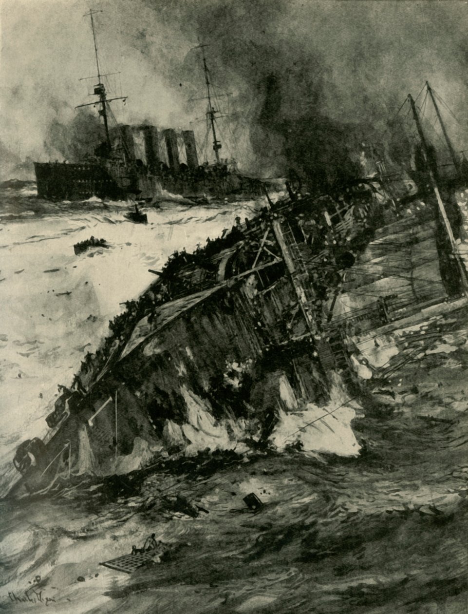 Het Zinken van HMS Aboukir, Eerste Wereldoorlog, 22 september 1914, ca. 1920 door Charles Dixon