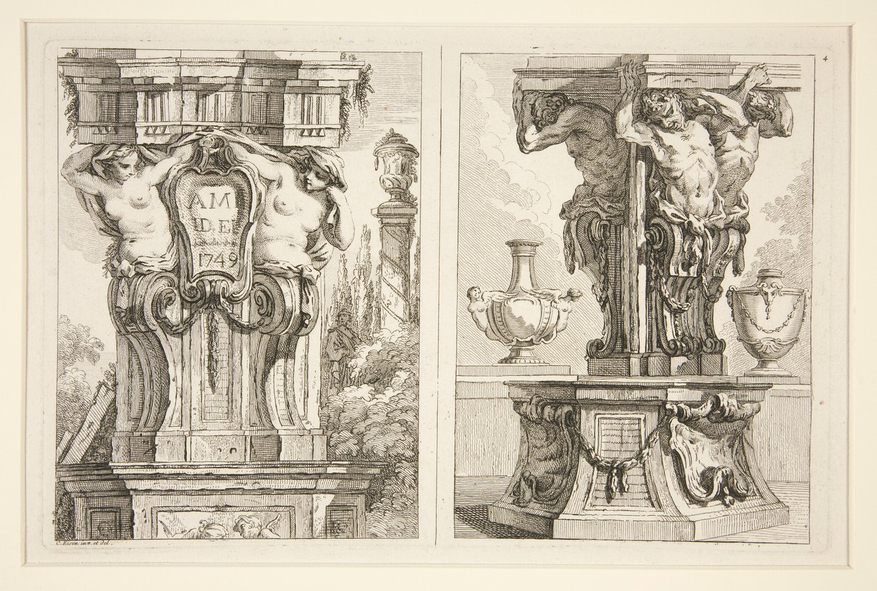 Twee ontwerpen voor decoratieve hoofdletters door Charles Dominique Joseph Eisen