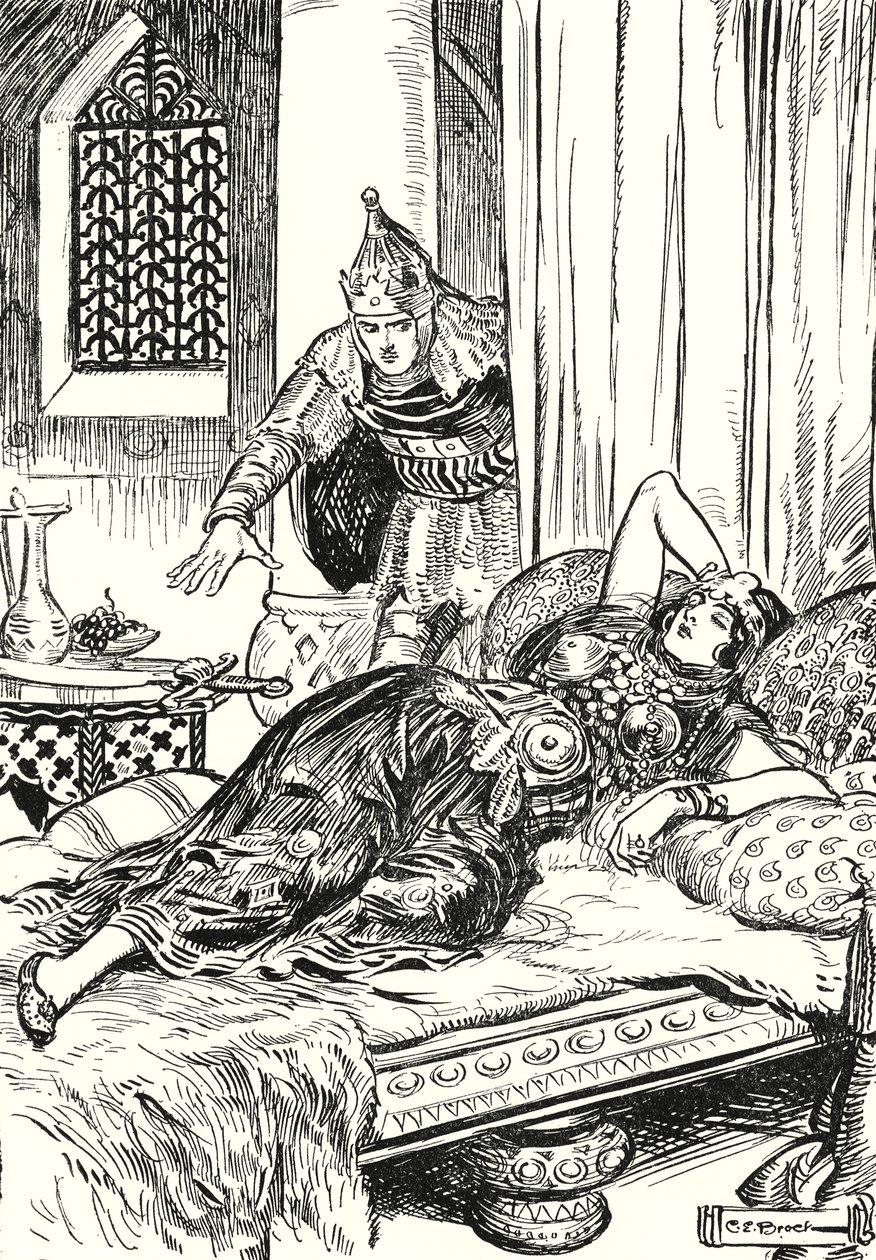 "Hij slaagde erin het kromzwaard te pakken te krijgen" (litho) door Charles Edmund (after) Brock