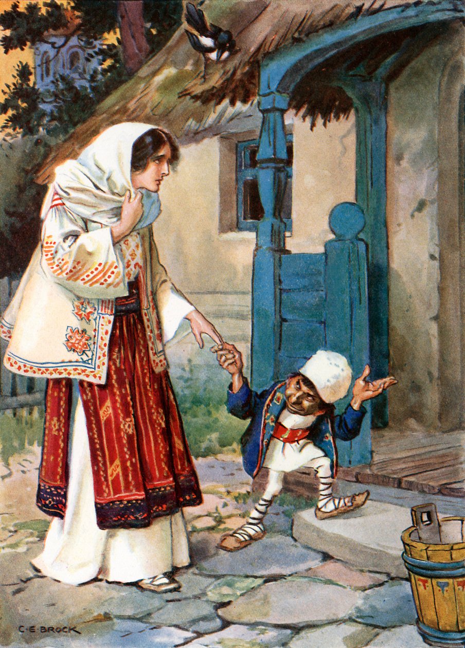 "Broertje Bit nam zijn lieftallige bruid mee naar het huis dat hij voor haar had gebouwd" (kleurenlitho) door Charles Edmund (after) Brock