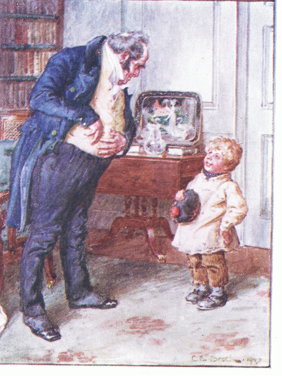 Hoe zijn je neigingen wat betreft zes pence, illustratie uit Dr Marigolds Recept, 1910 door Charles Edmund Brock