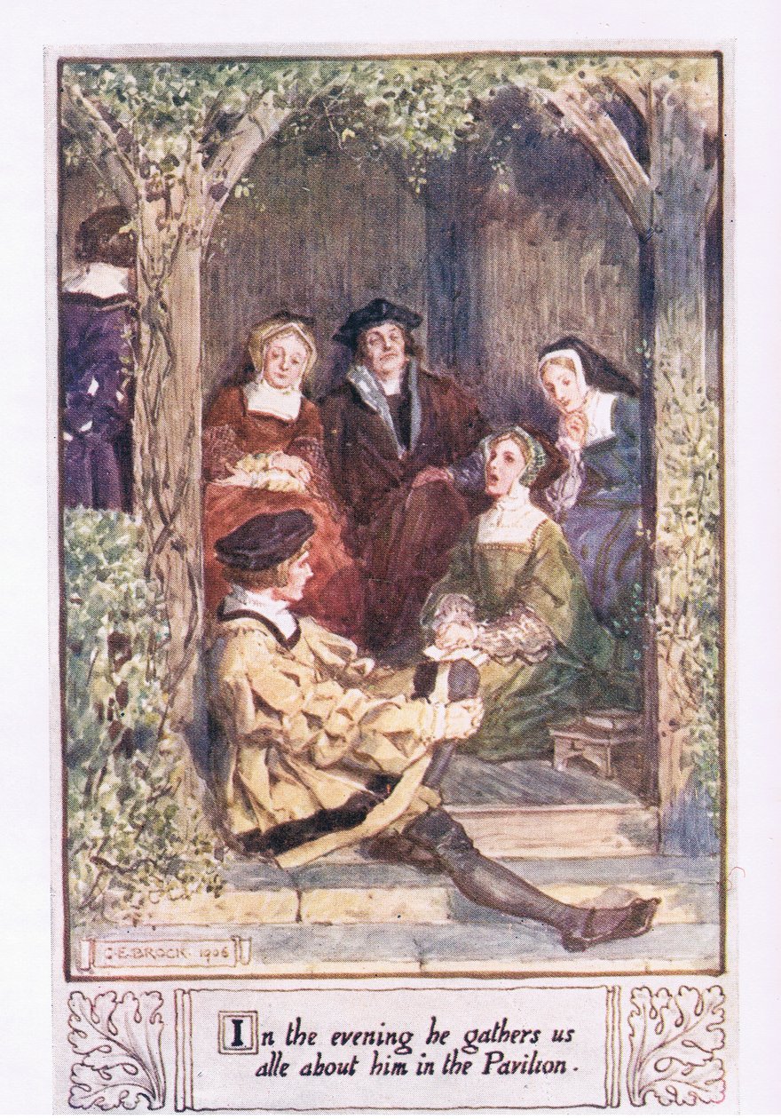 In de avond verzamelt hij ons allemaal om zich heen in het paviljoen door Charles Edmund Brock