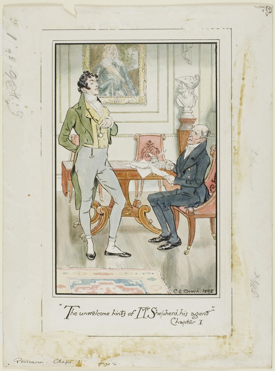"The unwelcome hints of Mr. Shepherd, his Agent, Hoofdstuk I Frontispiece voor Persuasion van Jane Austen door Charles Edmund Brock