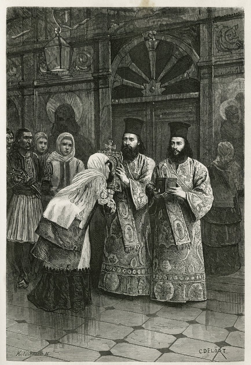 Priesters geven een kus aan de heilige beelden, gravure door Ch.Delort, ter illustratie van Henri Belle