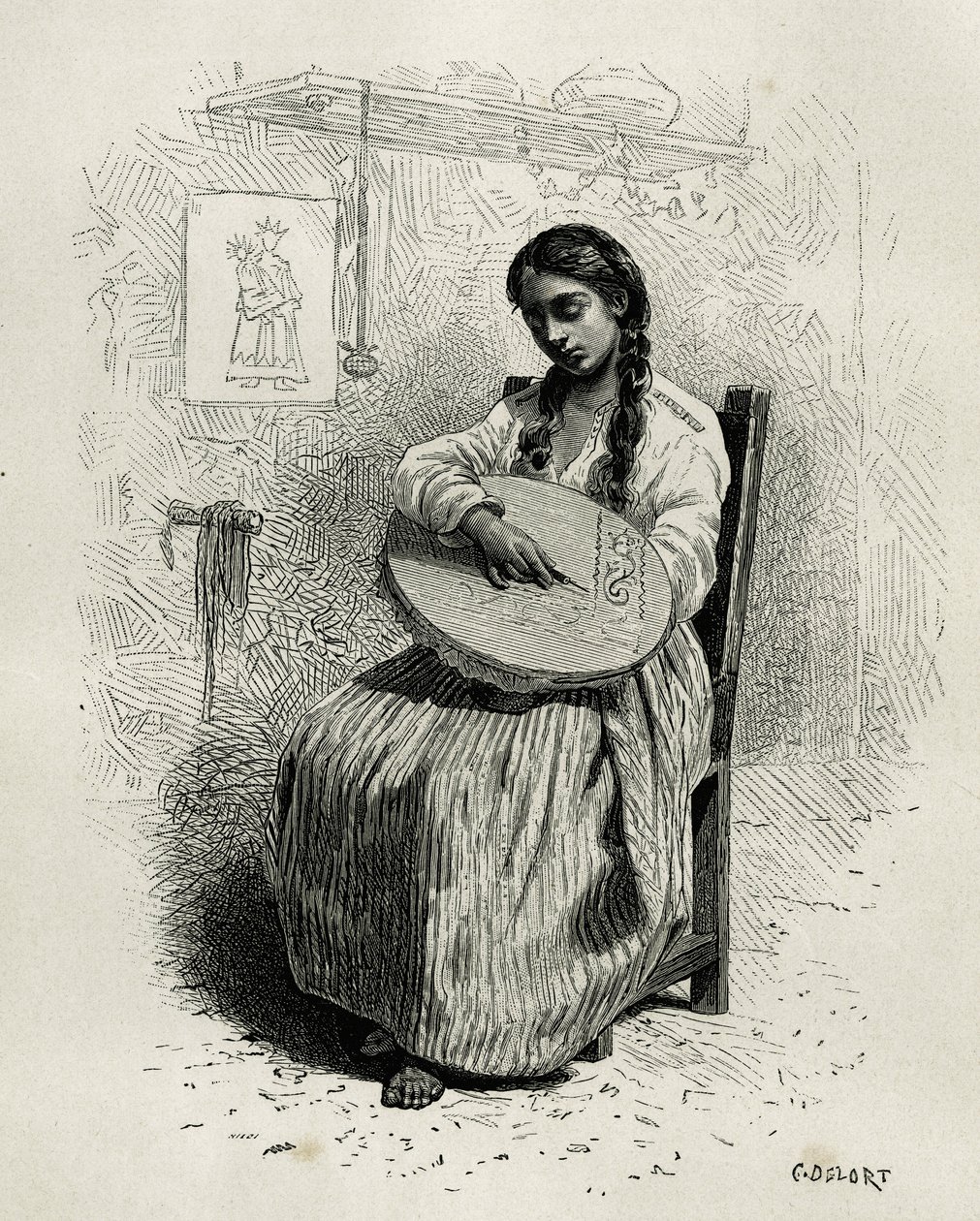 De borduurster, in Salento, regio Quindio (Colombia), gravure door Ch.Delort, ter illustratie van het verhaal van Amerika Equinoxiale door E.Andre, missieopdracht door de Franse regering, gepubliceerd in Le tour du monde, onder leiding van Edouard Charton door Charles Edouard Delort