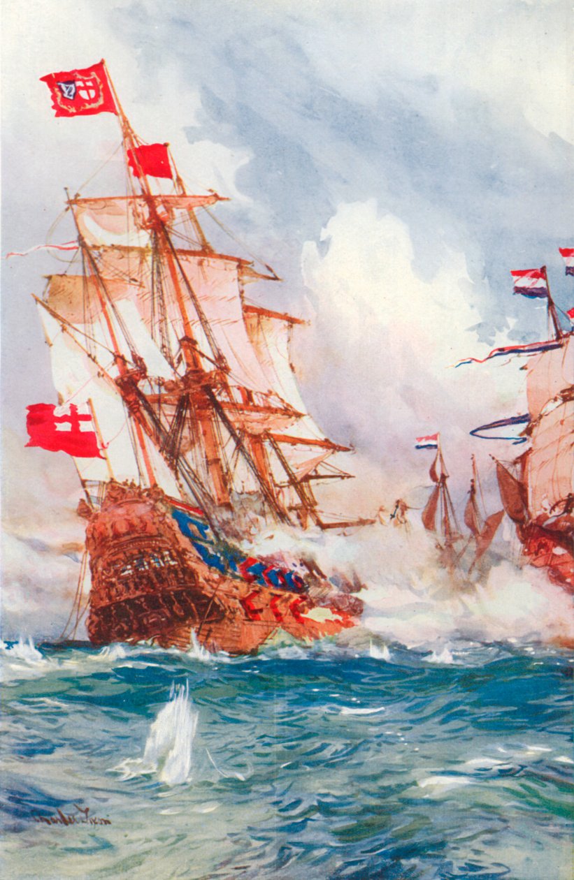 When Blake Swept the Seas: Een strijd tussen admiraal Blake en Van Tromp (kleurenlitho) door Charles Edward (after) Dixon