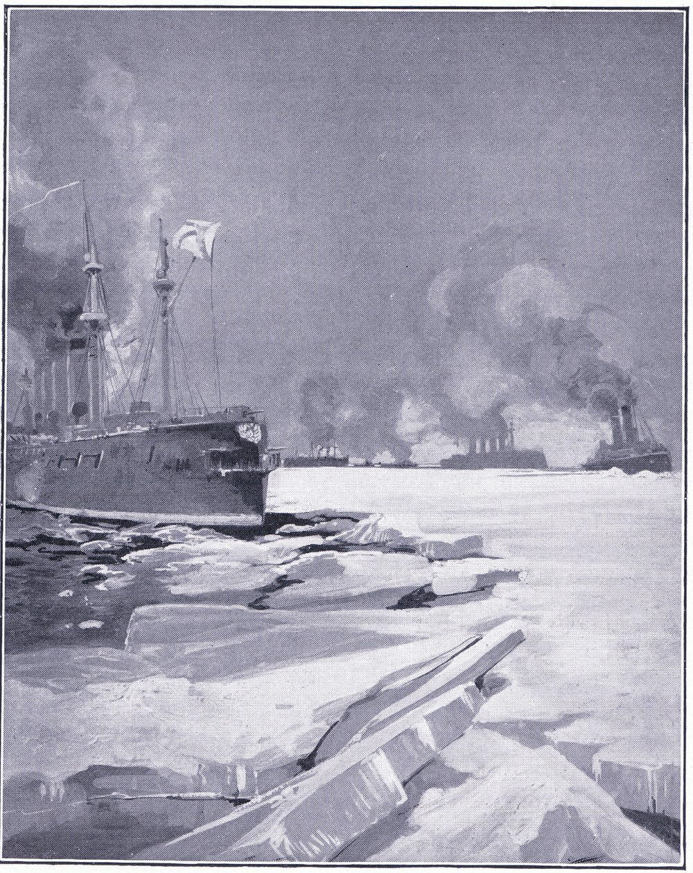 Vladivostok-eskader dat zich door het ijs uit de haven van Vladivostok forceert, illustratie uit Cassells History of the Russo-Japanese War Vol 1, ca. 1900 door Charles Edward Dixon