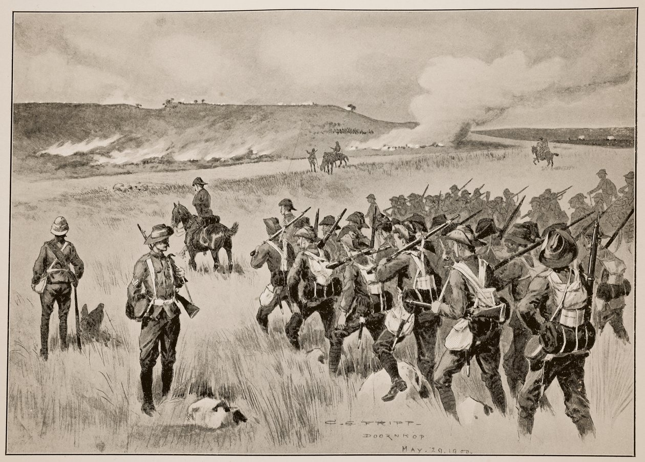 De City of London Imperial Volunteers ondersteunen de linkerflank van generaal Hamilton in de actie bij Doornkop op 29 mei 1900 door Charles Edwin Fripp