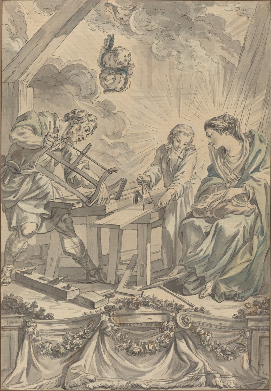 De Heilige Familie in de timmerwerkplaats door Charles Eisen