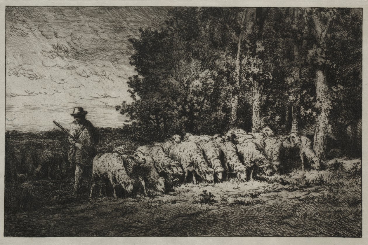 Een kudde aan de rand van een bos door Charles Emile Jacque