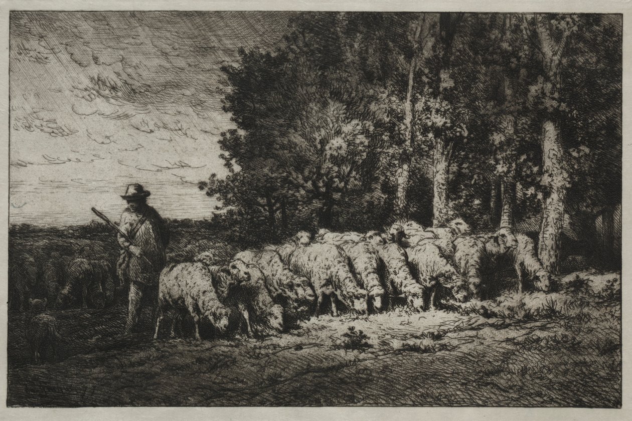 Een kudde aan de rand van een bos door Charles Emile Jacque