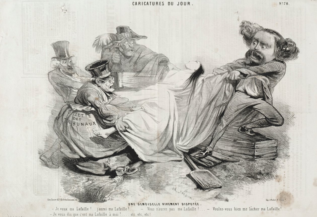 Caricature du Jour: No. 78, Un Demoiselle vivement disputée door Charles Emile Jacque