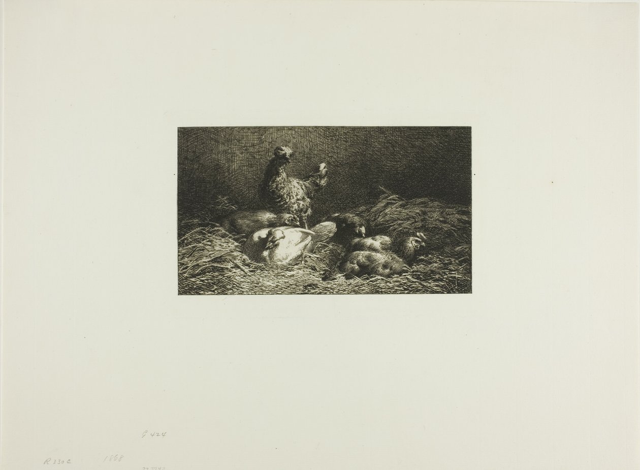 Kippen in hun nest door Charles Emile Jacque