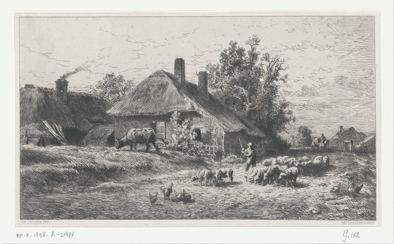 Herder met kudde op een weg langs een boerderij door Charles Emile Jacque