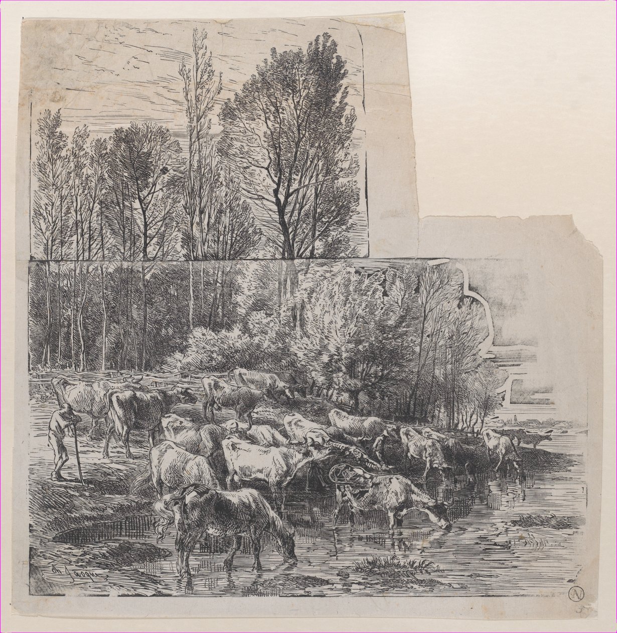 Herder en Vee bij een Voorde, ca. 1850 door Charles Emile Jacque
