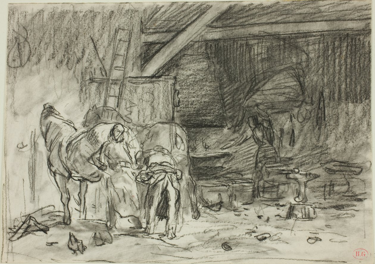 Interieur van een smederij (recto); Man voorovergebogen, gezien vanaf Read (verso) door Charles Emile Jacque