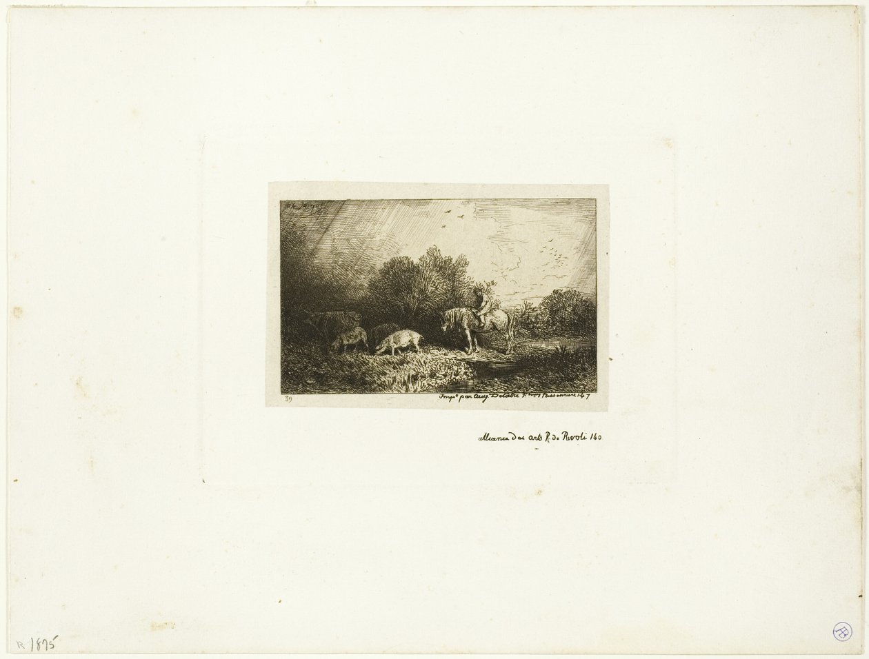 Landschap met man te paard, varkens en koe door Charles Emile Jacque