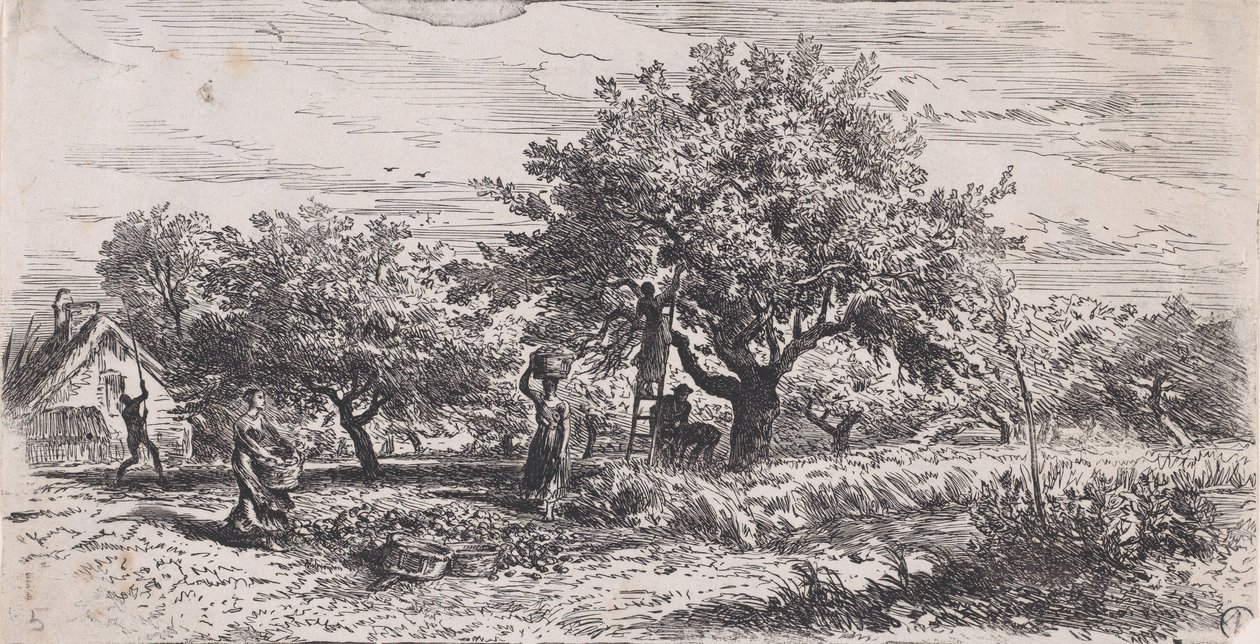Fruit plukken van boom buiten huisje, ca. 1852 door Charles Emile Jacque