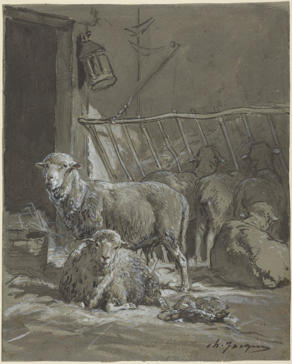 Schapen in een voerbak door Charles Emile Jacque